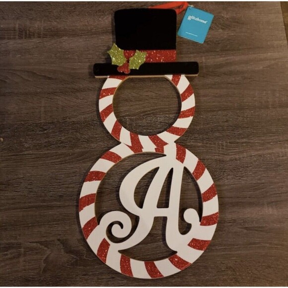 Other - Glitzhome Candy Stripe Snowman Holiday Hanging Decor Monogram “A” New!
